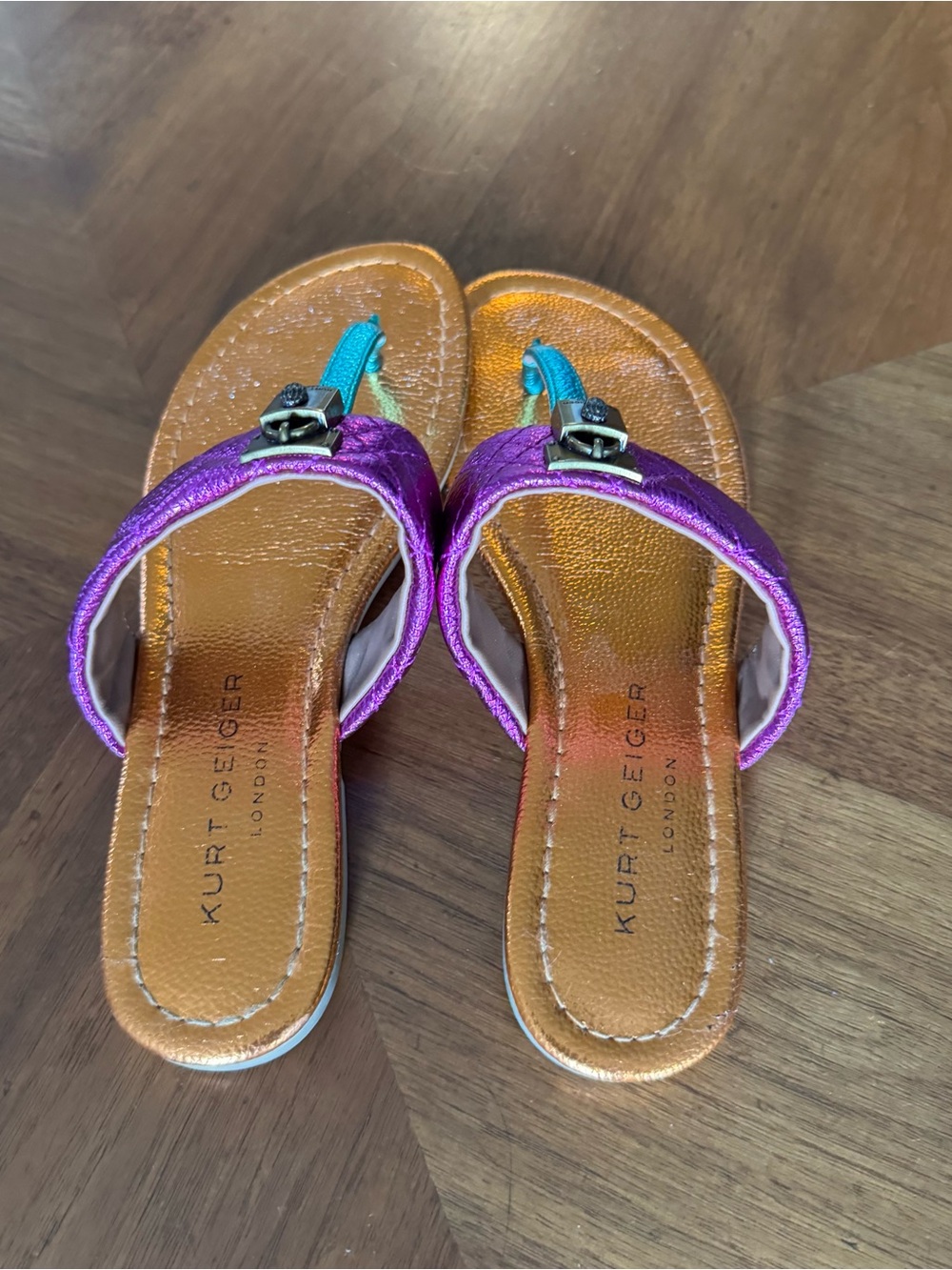 Kurt Geiger Metallic Purple and Teal Leather Thong Sandals - Picture 3 of 5